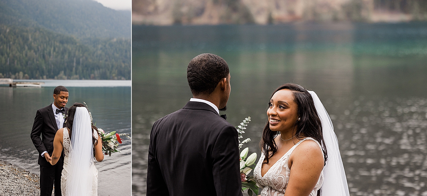 First look during Lake Crescent Elopement in the Olympic National Park | Photo by Megan Montalvo Photography
