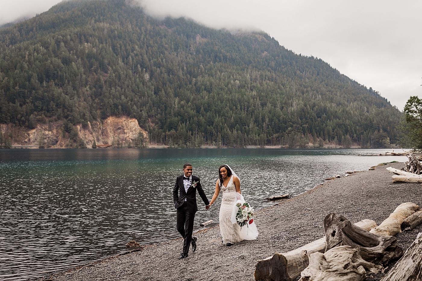 Bride and groom portraits during elopement in the Olympic National Park. Photo by Megan Montalvo Photography.