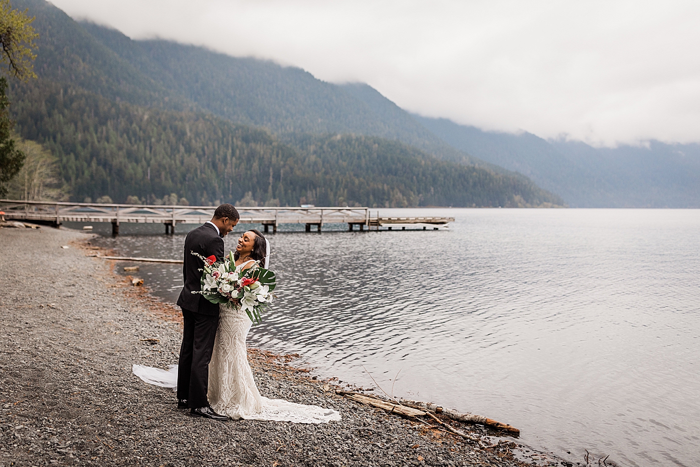 Bride and groom portraits during elopement in the Olympic National Park. Photo by Megan Montalvo Photography.