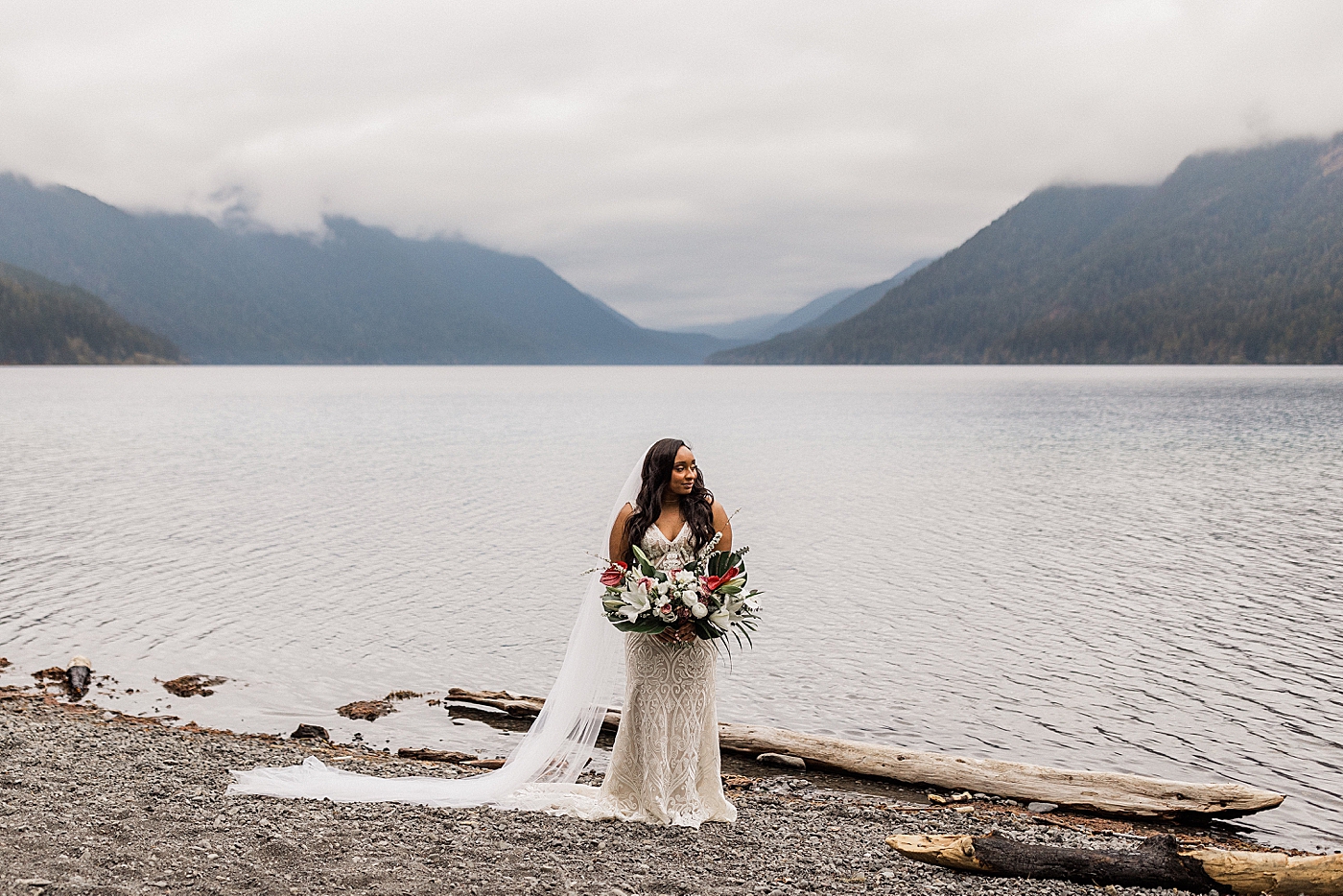Photo of bride and beautiful floral bouquet by Villanelle Floral in Seattle | Photo by Megan Montalvo Photography
