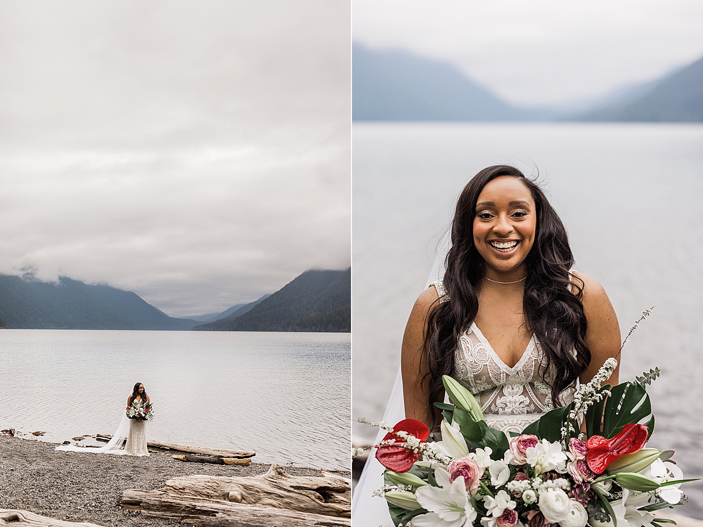 Photo of bride and beautiful floral bouquet by Villanelle Floral in Seattle | Photo by Megan Montalvo Photography