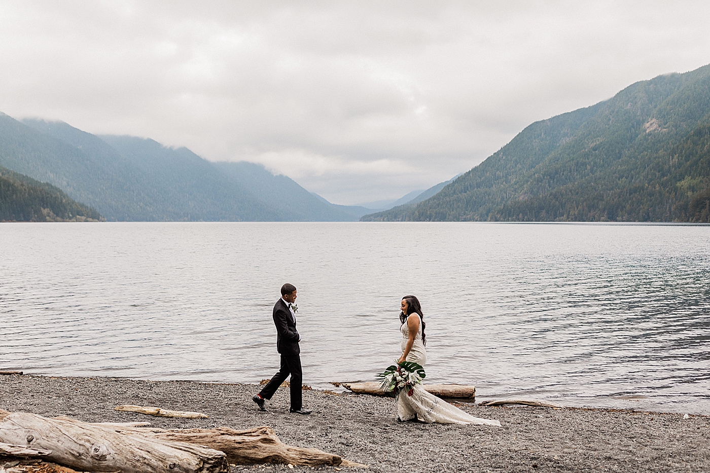Photos of bride and groom at Lake Crescent in the Olympic National Park with PNW Elopement Photographer, Megan Montalvo Photography