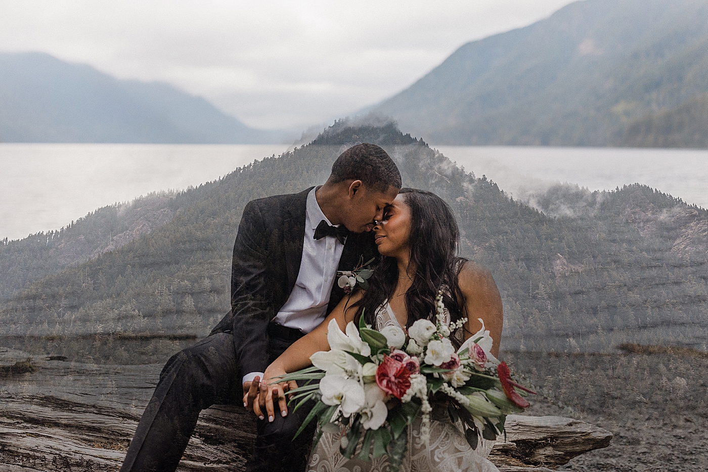 Double exposure of bride and groom at Lake Crescent | Photo by Megan Montalvo Photography