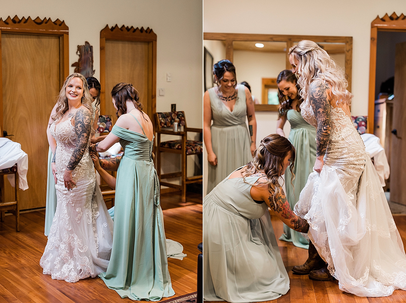 Bride getting in wedding dress for elopement at Mt Rainier. Photo by Megan Montalvo Photography.