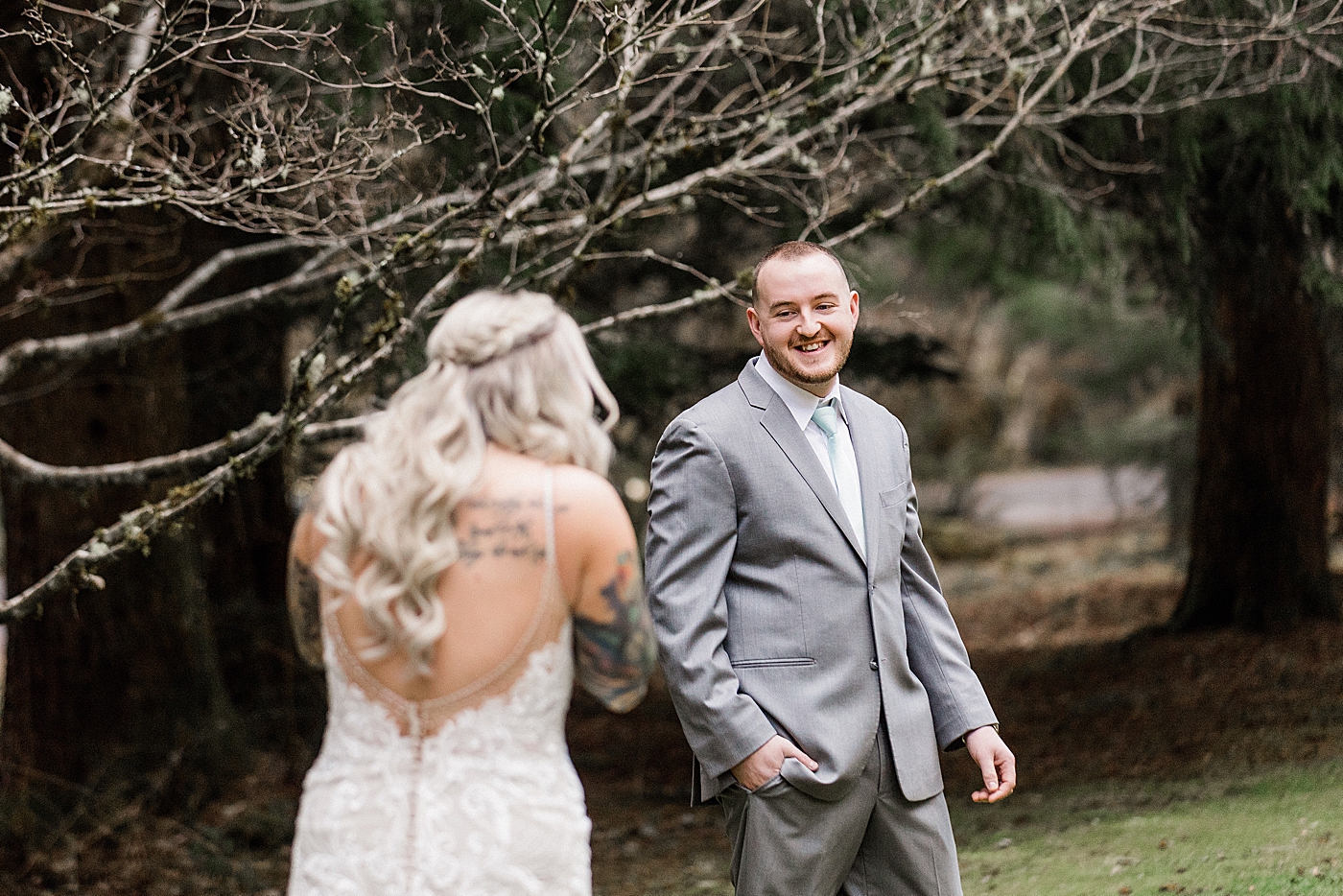 First look between bride and groom. Photo by Megan Montalvo Photography.