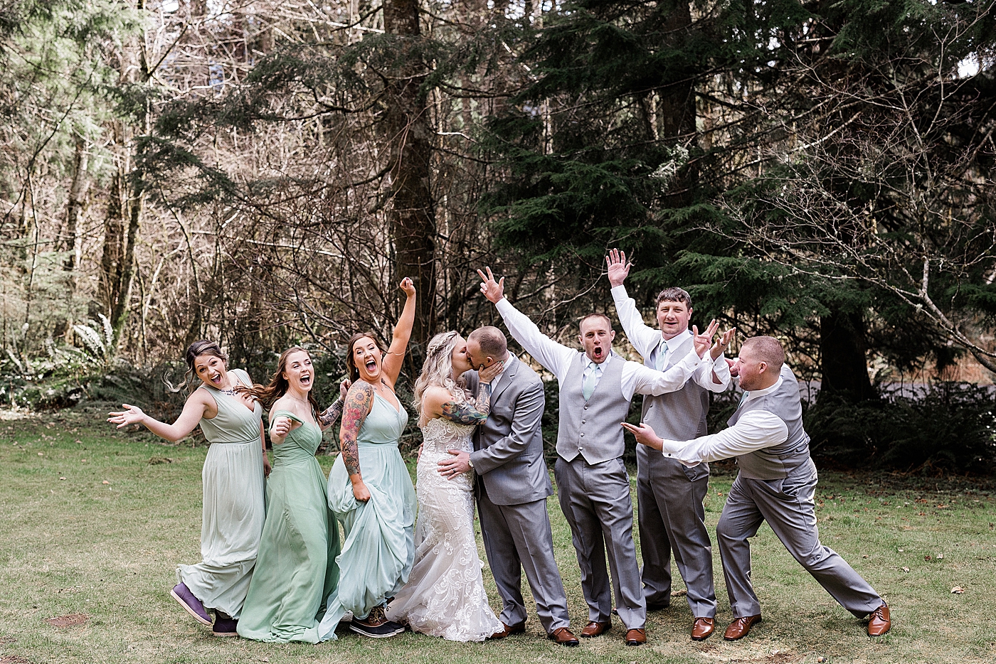 Wedding party with bride and groom. Photo by Megan Montalvo Photography.
