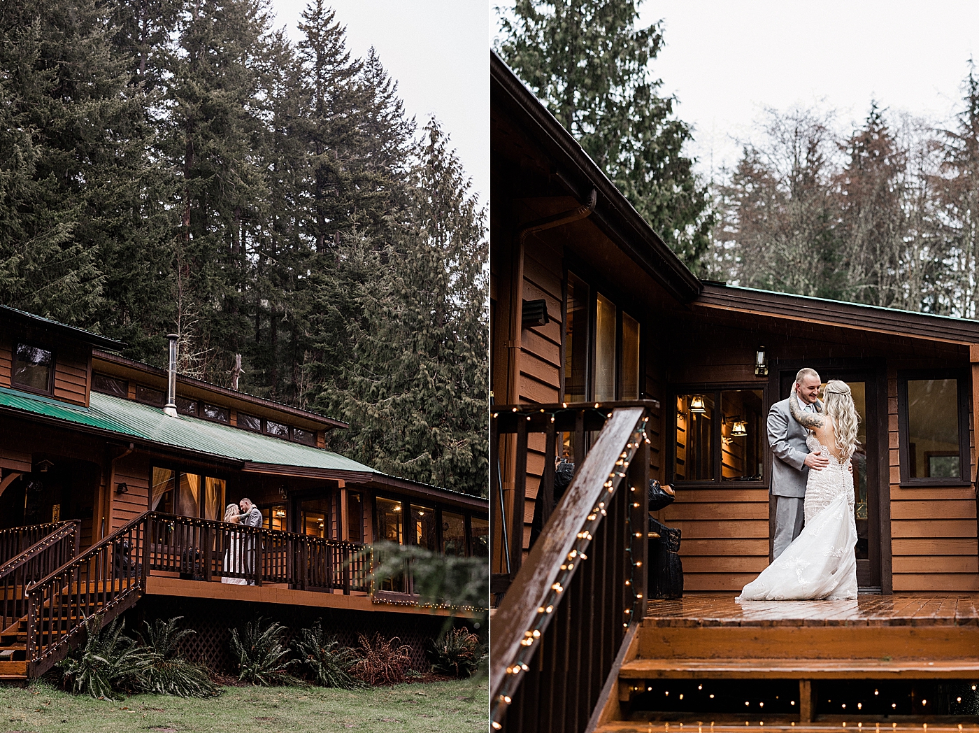 Bride and groom dancing on porch at AirBnB cabin in Ashford, WA. Photo by Megan Montalvo Photography.