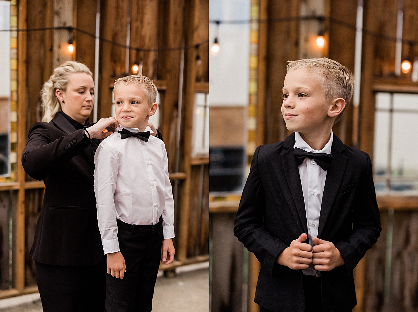 Mom getting son ready for wedding. Photo by Megan Montalvo Photography.