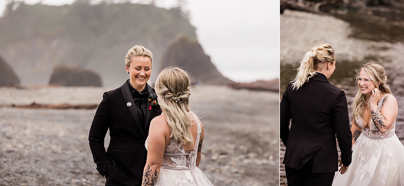 First look between brides at same-sex elopement at Ruby Beach. Photo by Megan Montalvo Photography.