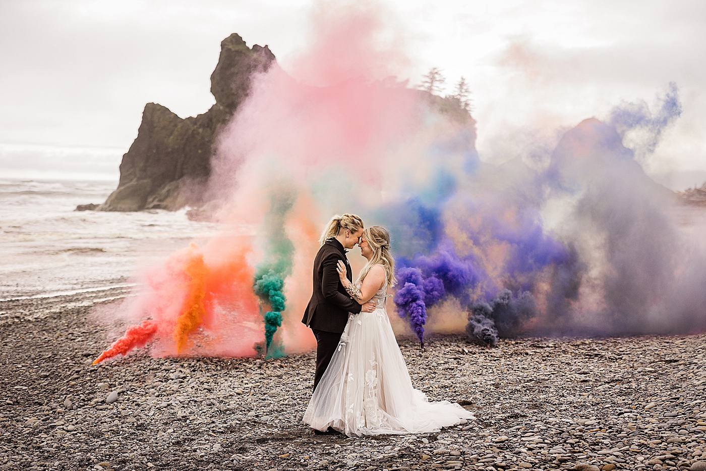 Same-sex elopement at Ruby Beach during pride month. Photos by Megan Montalvo Photography.