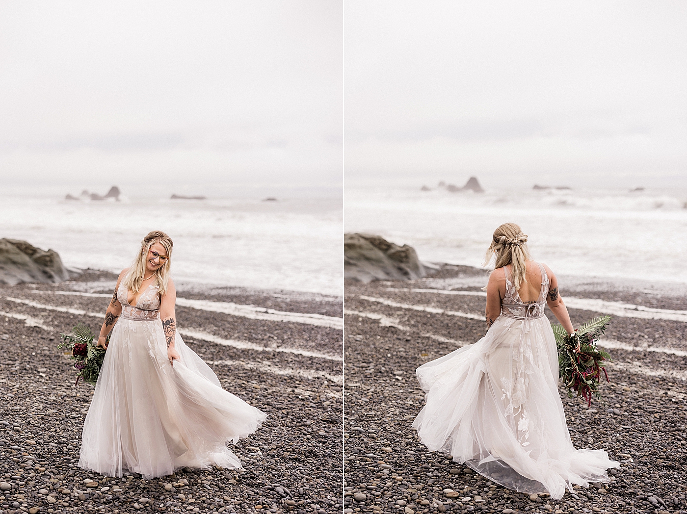 Bride dancing in wedding dress at Ruby Beach. Photos by Megan Montalvo Photography.