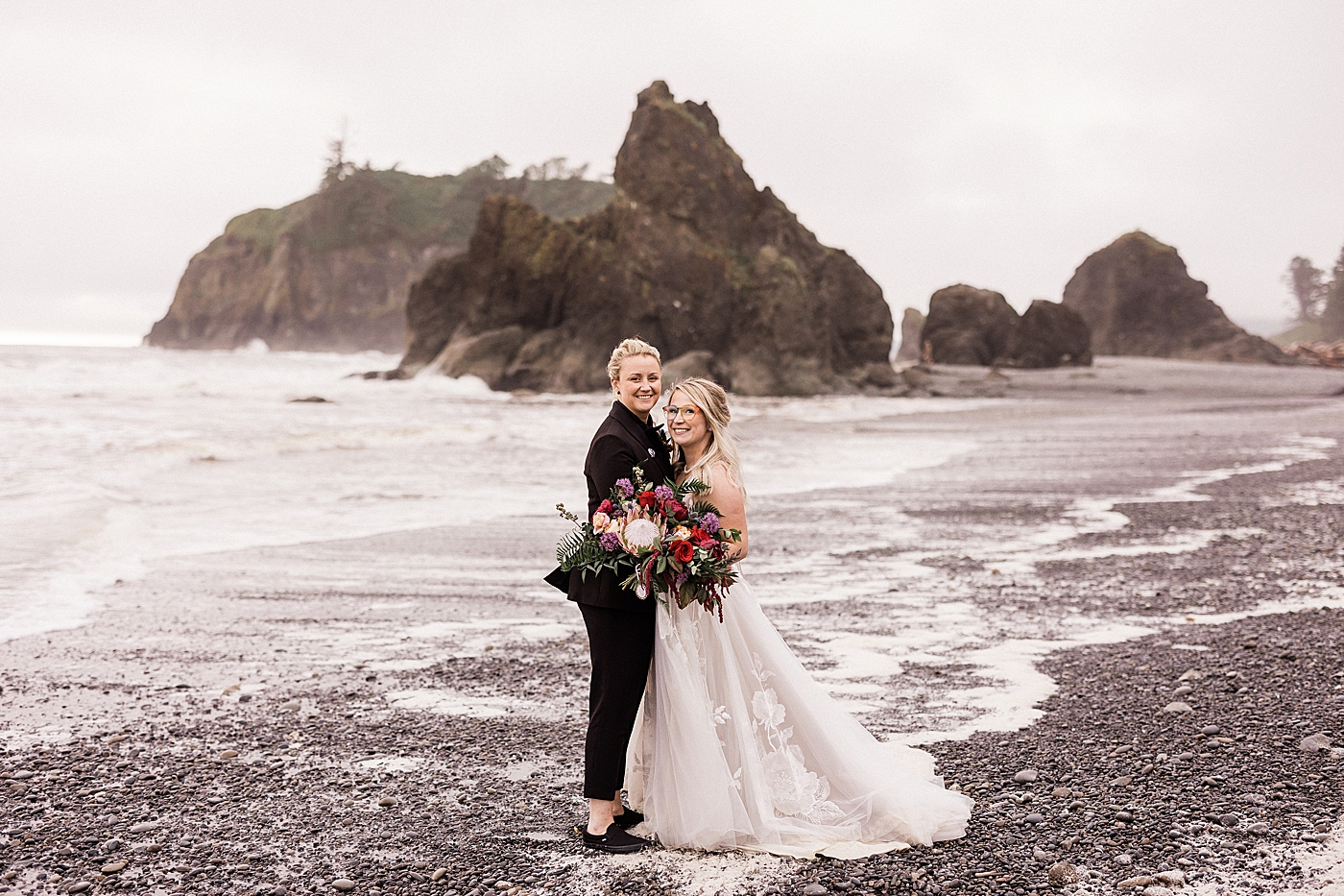 Couples portraits during summer elopement in the Olympic National Park at Ruby Beach. Photo by Megan Montalvo Photography.