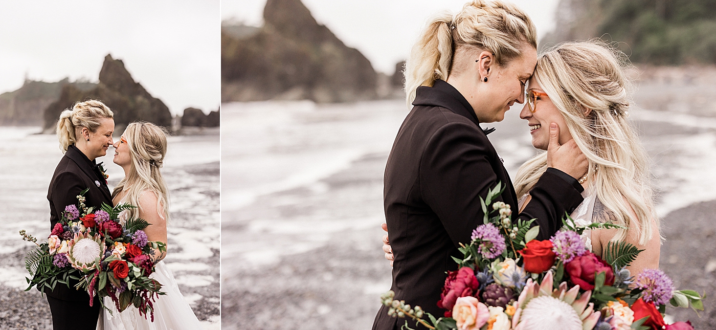 Same-sex bridal portraits during summer elopement in the Olympic National Park at Ruby Beach. Photo by Megan Montalvo Photography.