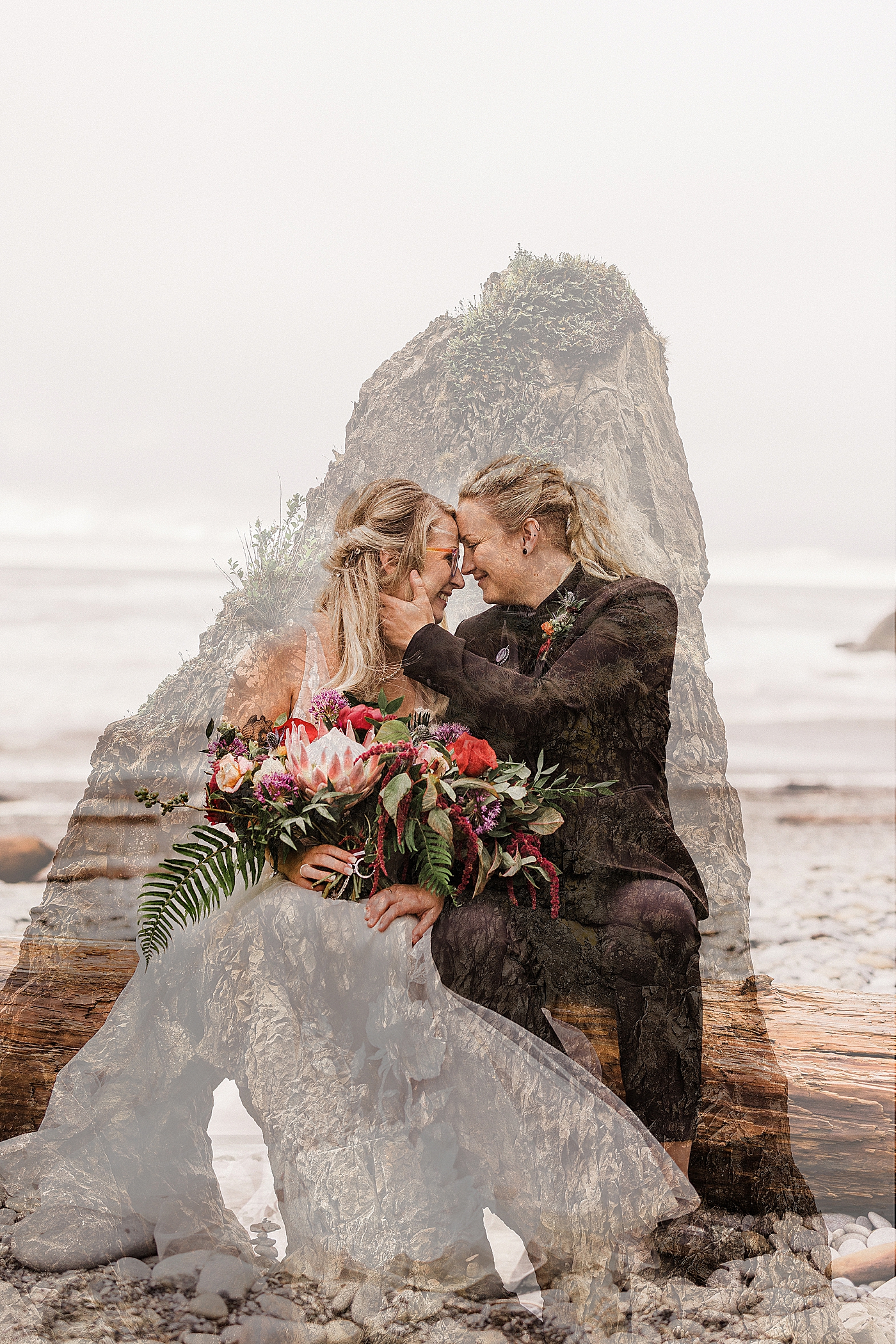 Double exposure of brides during PNW Elopement. Photo by Megan Montalvo Photography.