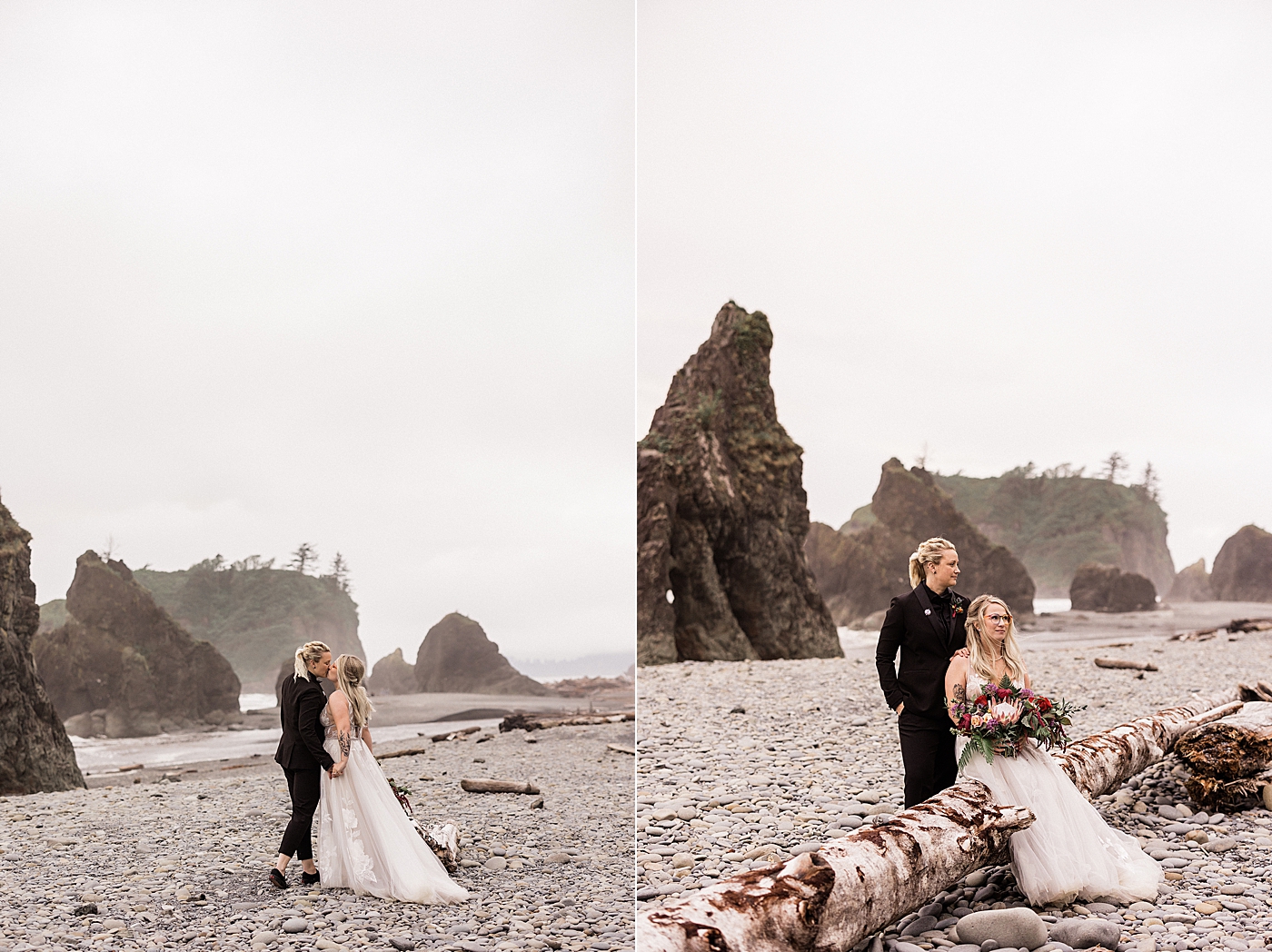 Same-sex bridal portraits during summer elopement in the Olympic National Park at Ruby Beach. Photo by Megan Montalvo Photography.
