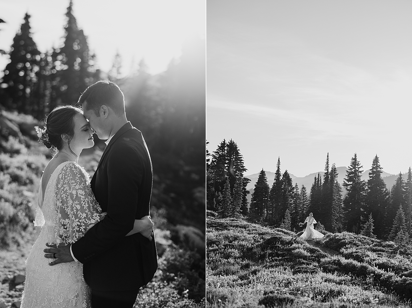 Black and white portraits of elopement at Mount Rainier. Photo by Megan Montalvo Photography.