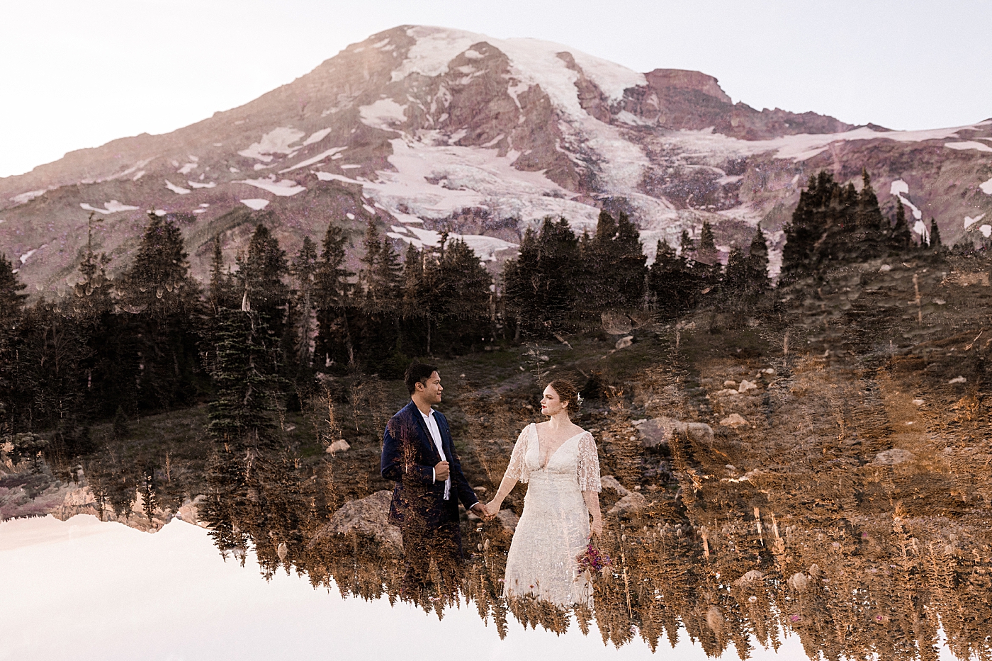 Double exposure of elopement photo in the mountains. Photo by Megan Montalvo Photography.