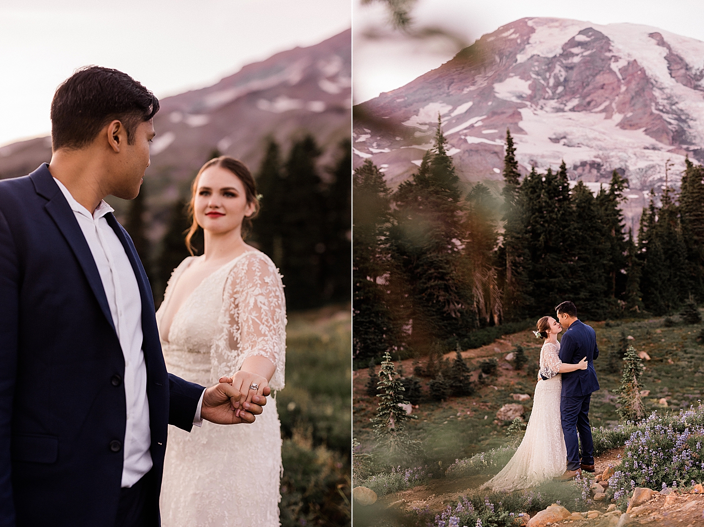 Sunset portraits at Mount Rainier during elopement. Photo by Megan Montalvo Photography.