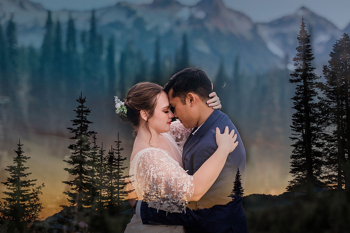 Double exposure of sunset photo and newly married couple at Mt Rainier. Photo by Megan Montalvo Photography.