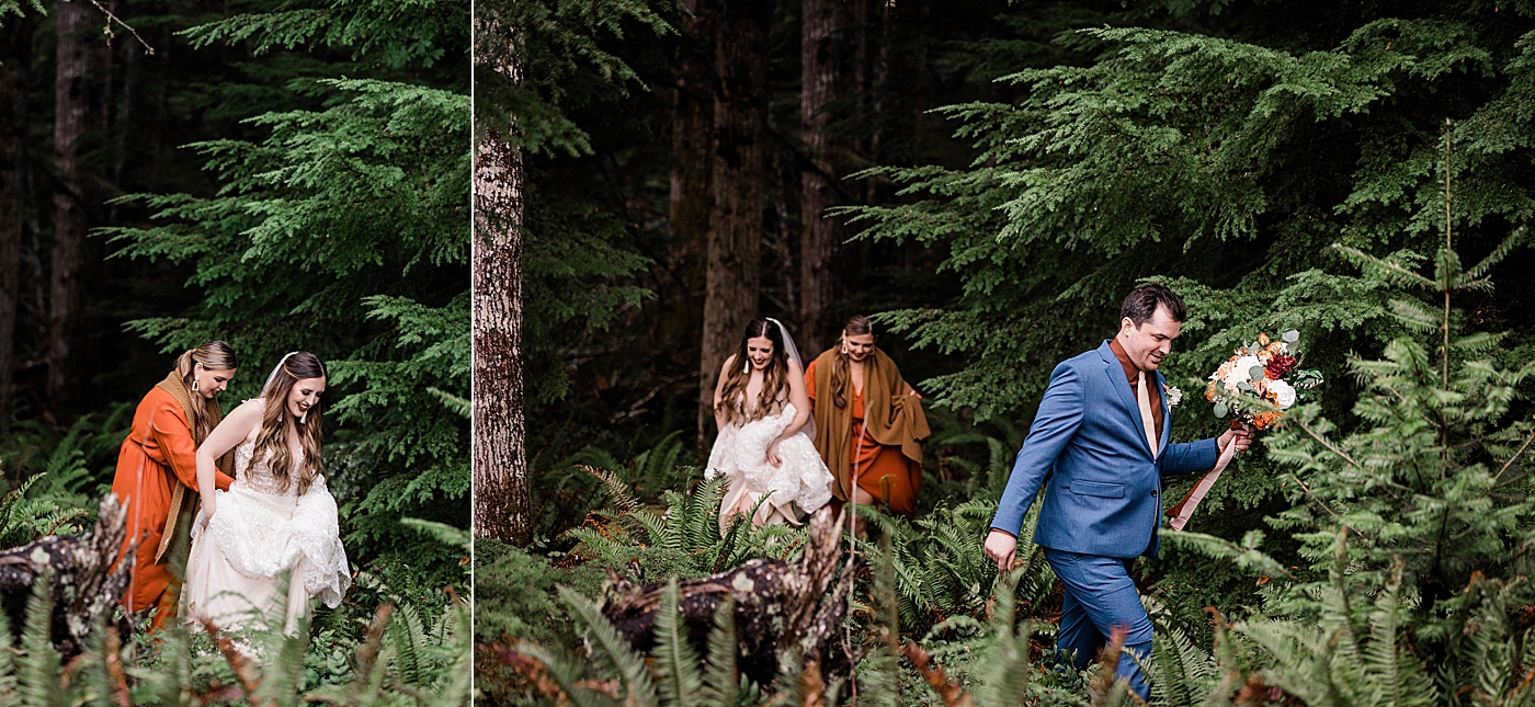 Couple and family hiking to elopement at Mount Rainier with Megan Montalvo Photography.