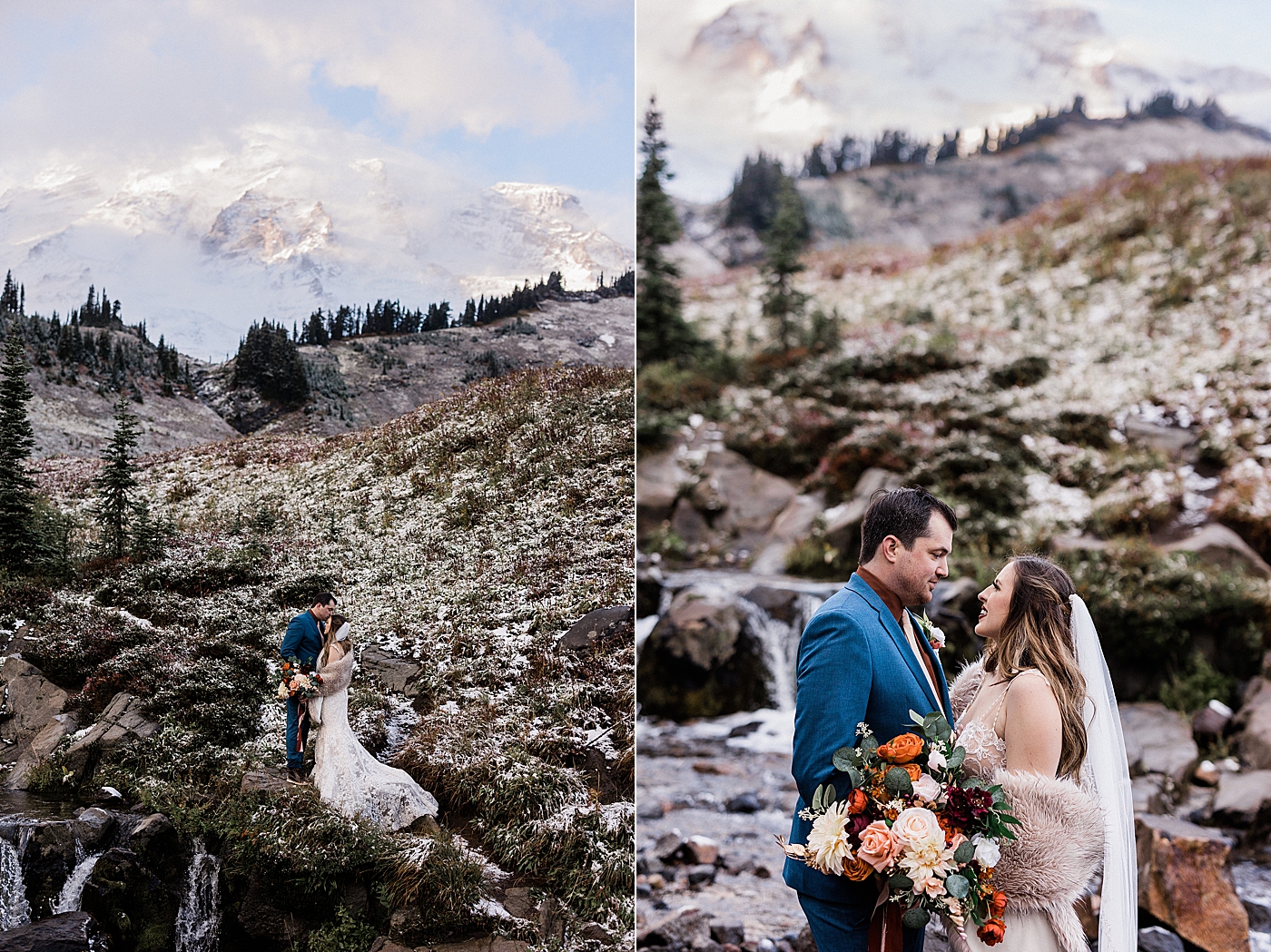 Bride and groom portraits after intimate ceremony at Mt Rainier | Megan Montalvo Photography
