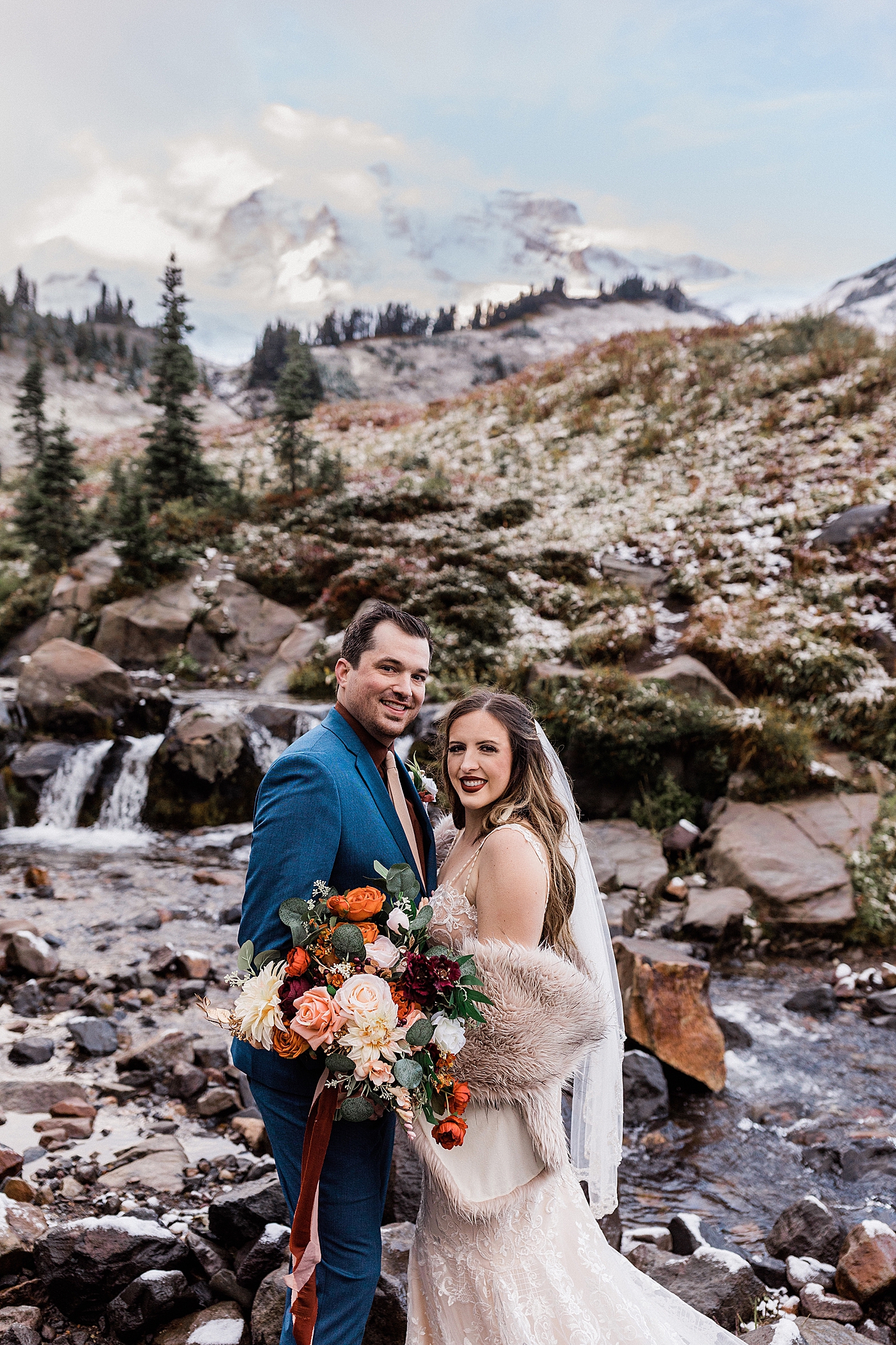 Bride and groom portraits after intimate ceremony at Mt Rainier | Megan Montalvo Photography