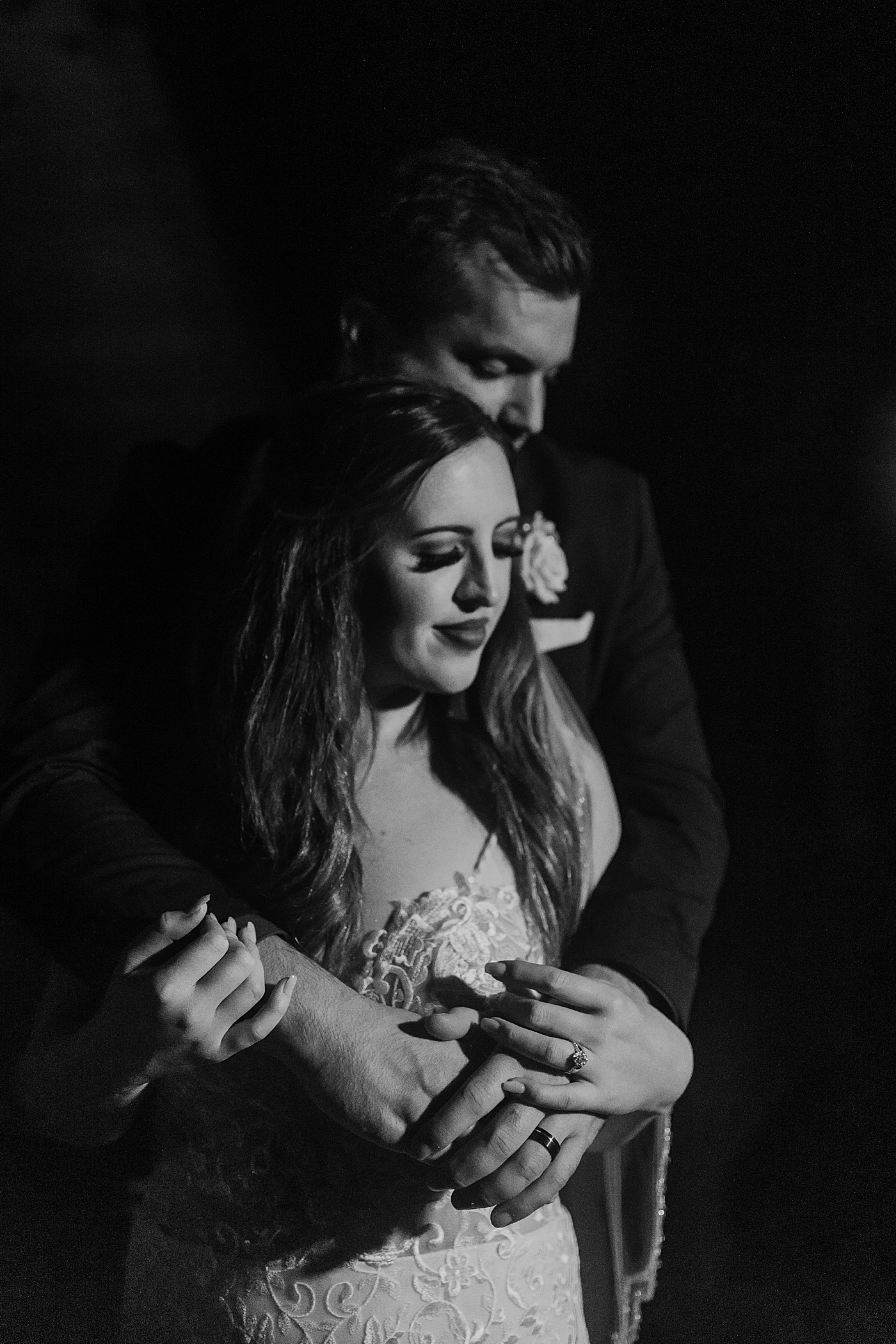 Black and white photo of bride and groom at the end of the night after eloping in the PNW | Megan Montalvo Photography