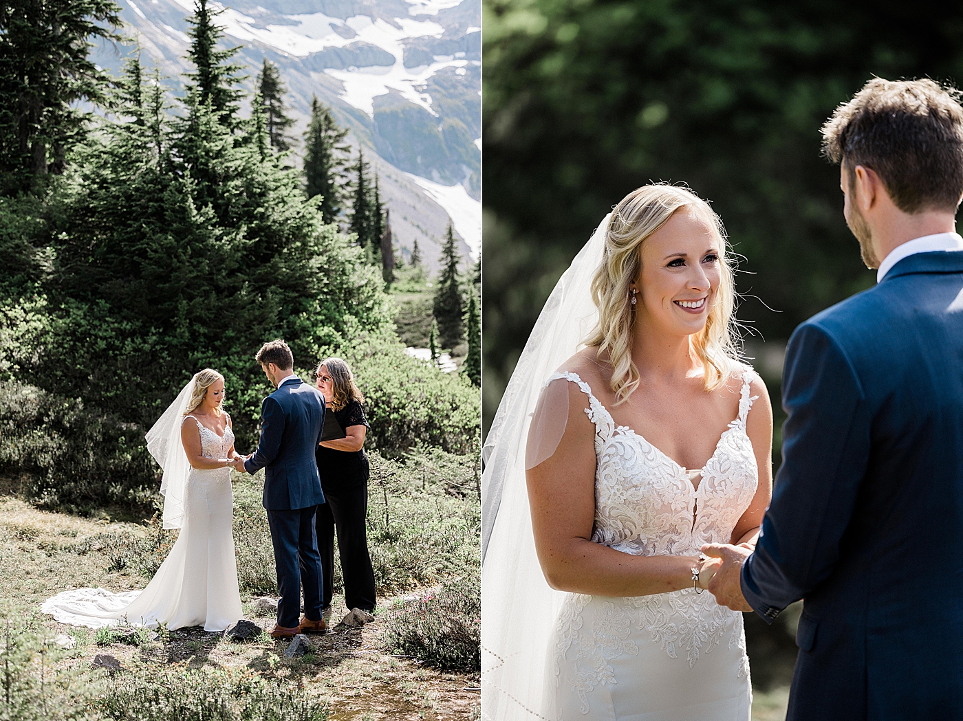 Bride and groom exchange vows during elopement ceremony at Mount Baker. Photo by Megan Montalvo Photography.
