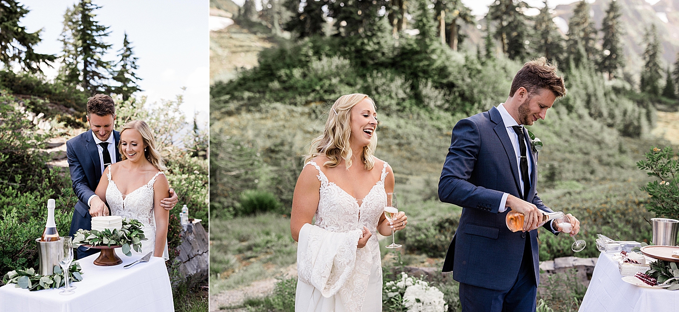 Cake cutting and toasts at Mount Baker after elopement ceremony. Photo by Megan Montalvo Photography.