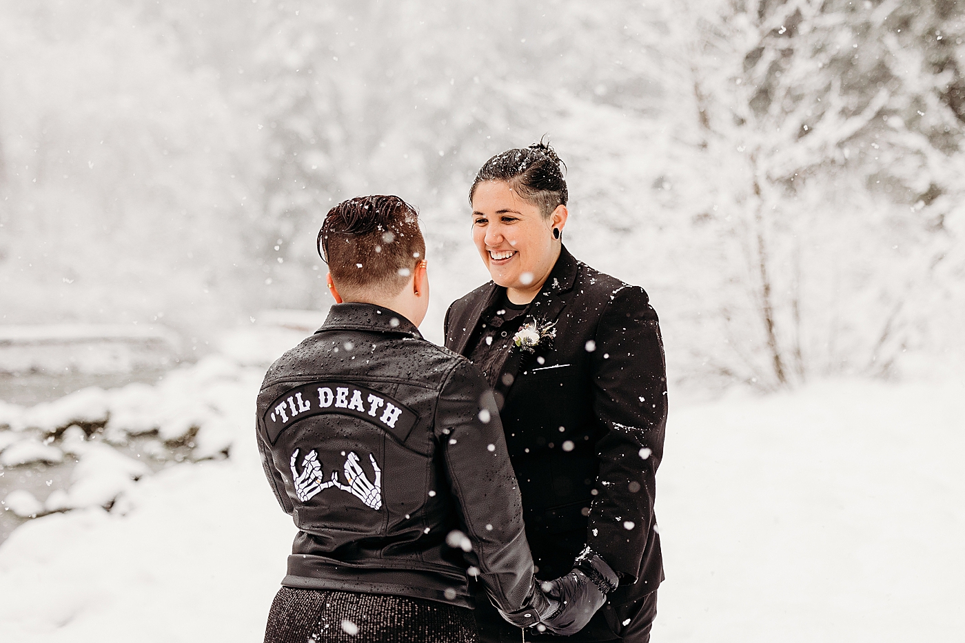 Vow exchange at Middle Fork bridge in the WA. Photo by Megan Montalvo Photography.