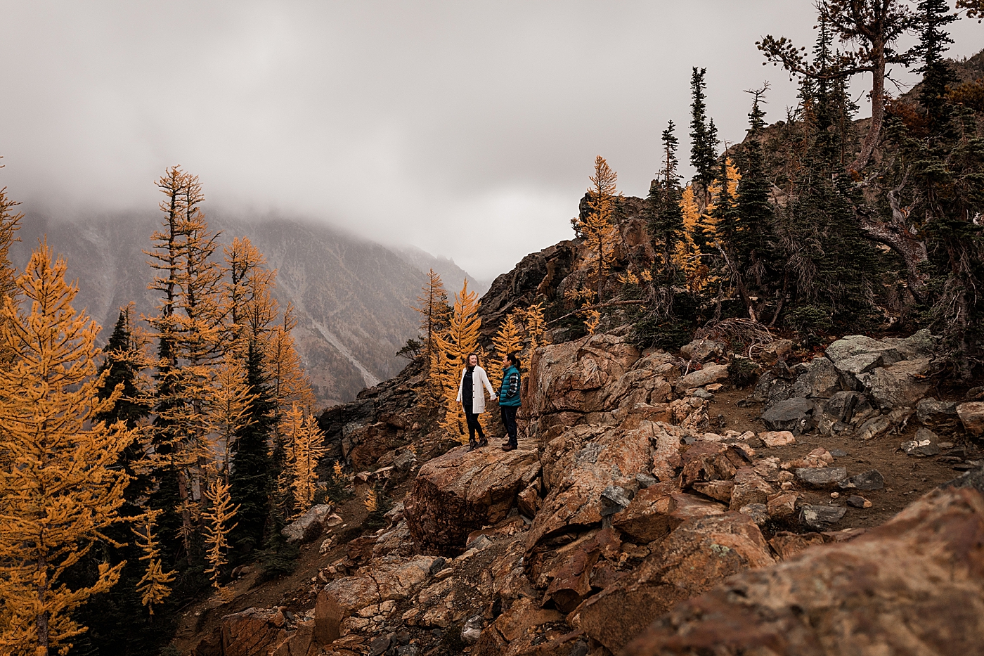 Engagement session in the golden larches of the PNW. Photo by Megan Montalvo Photography.