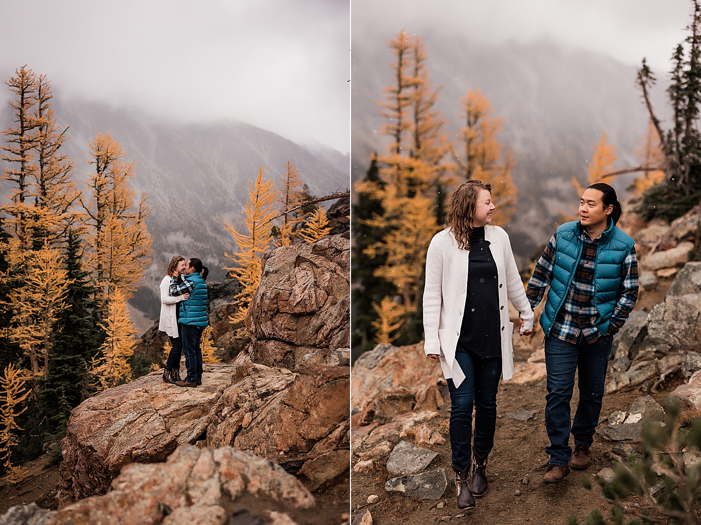 Engagement session in the golden larches of the PNW. Photo by Megan Montalvo Photography.