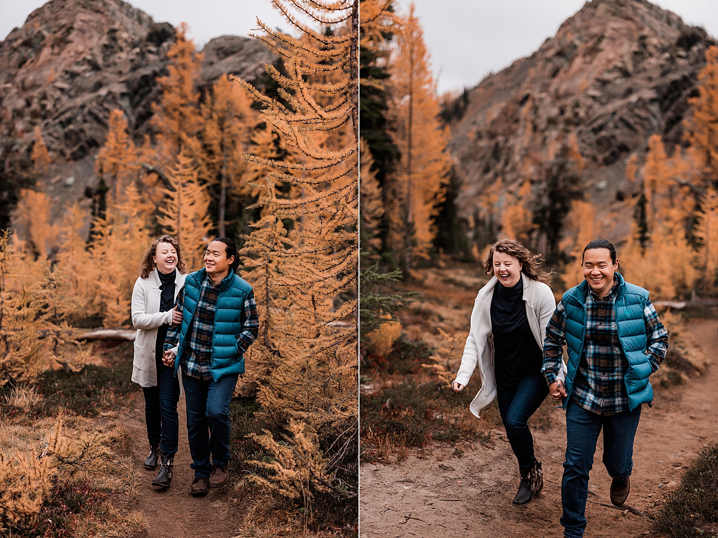 Fall engagement photos in Leavenworth during peak season for larches. Photo by Megan Montalvo Photography.