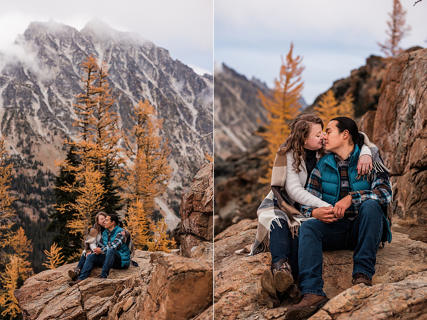 Couple sitting together with the larches behind them in WA. Photo by Megan Montalvo Photography.