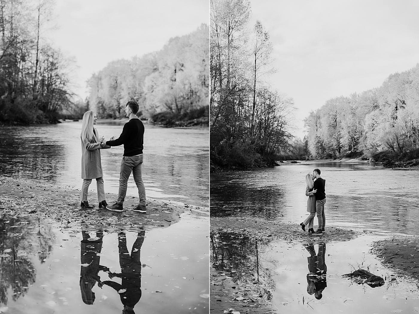 Black and white photos of couple hugging during engagement session. Photo by Megan Montalvo Photography.