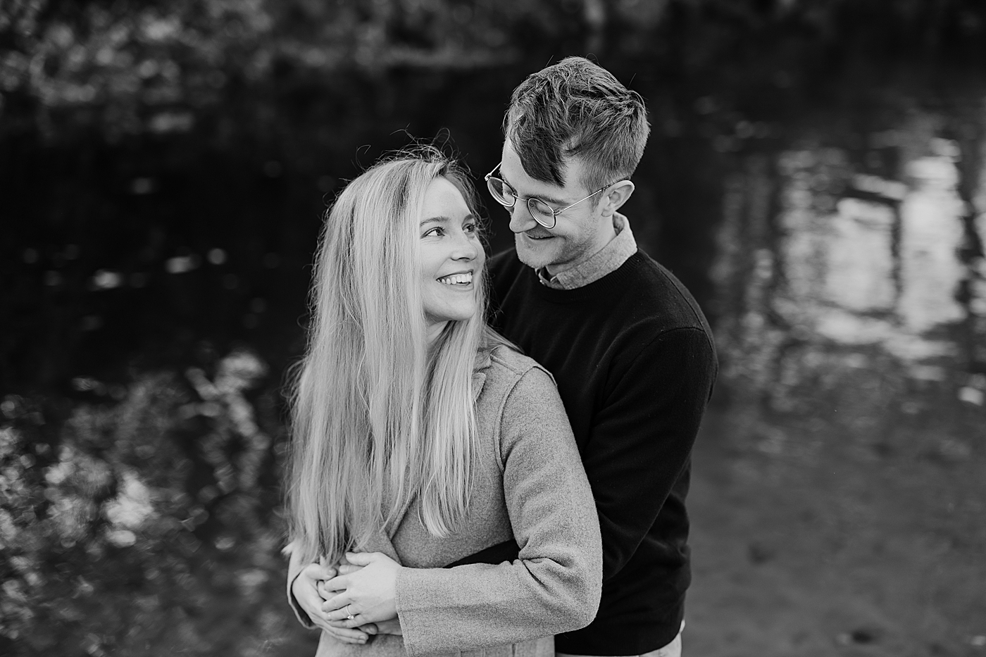 Black and white engagement session photo. Photo by Megan Montalvo Photography.