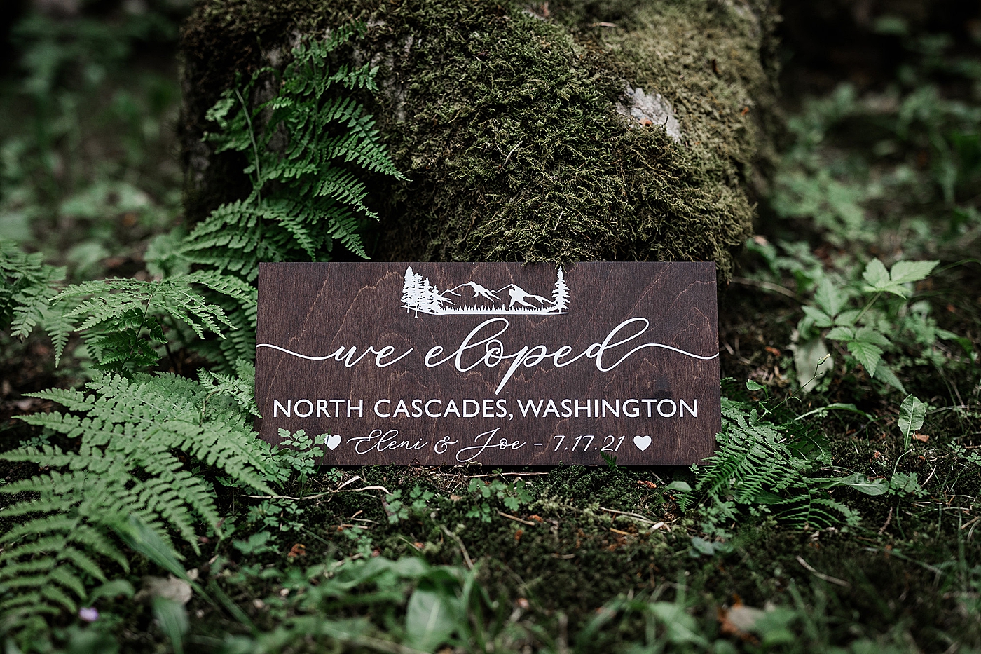 Personalize sign for North Cascades elopement. Photo by Megan Montalvo Photography.