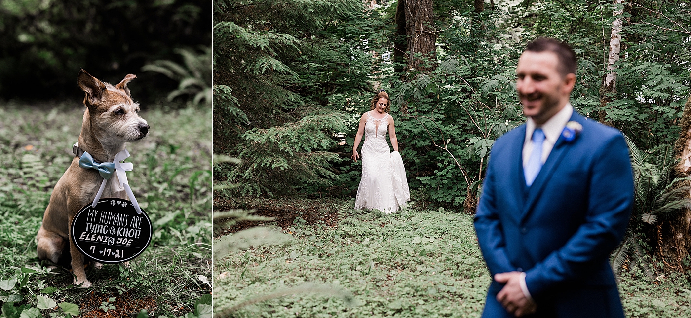 First look photos with couple and their dog. Photo by Megan Montalvo Photography.