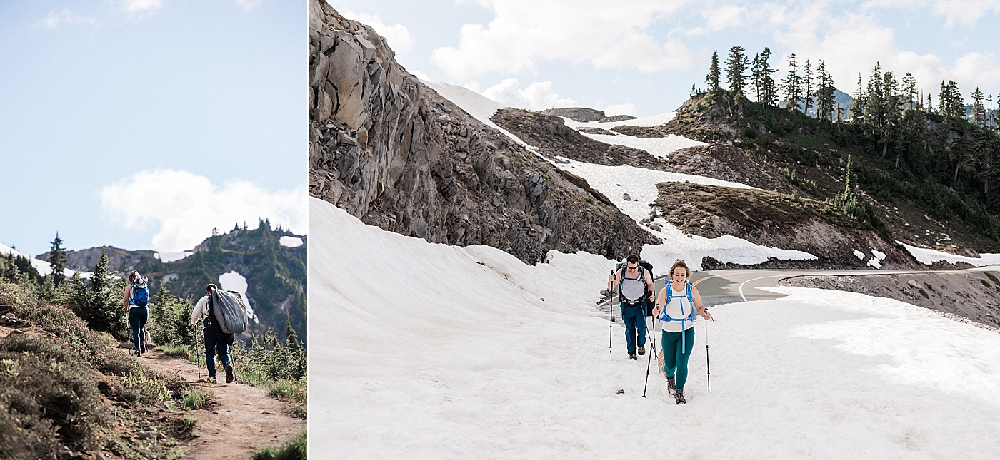Couple hiking through the snow to Artist Point. Photo by Megan Montalvo Photography.