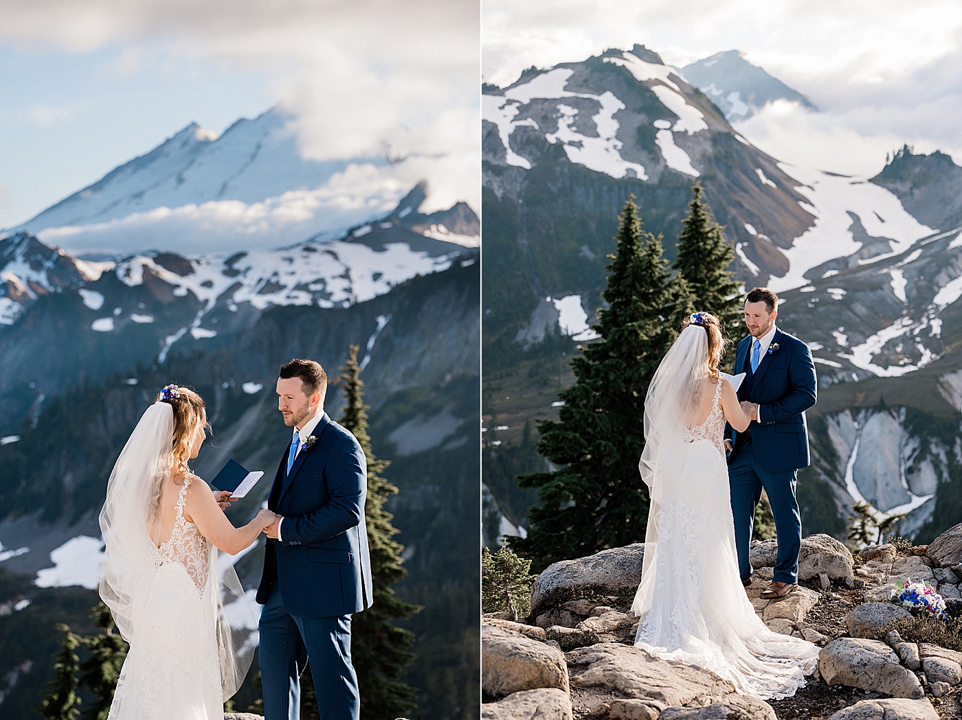 Couple exchanging vows at Artist Point. Photo by Megan Montalvo Photography.
