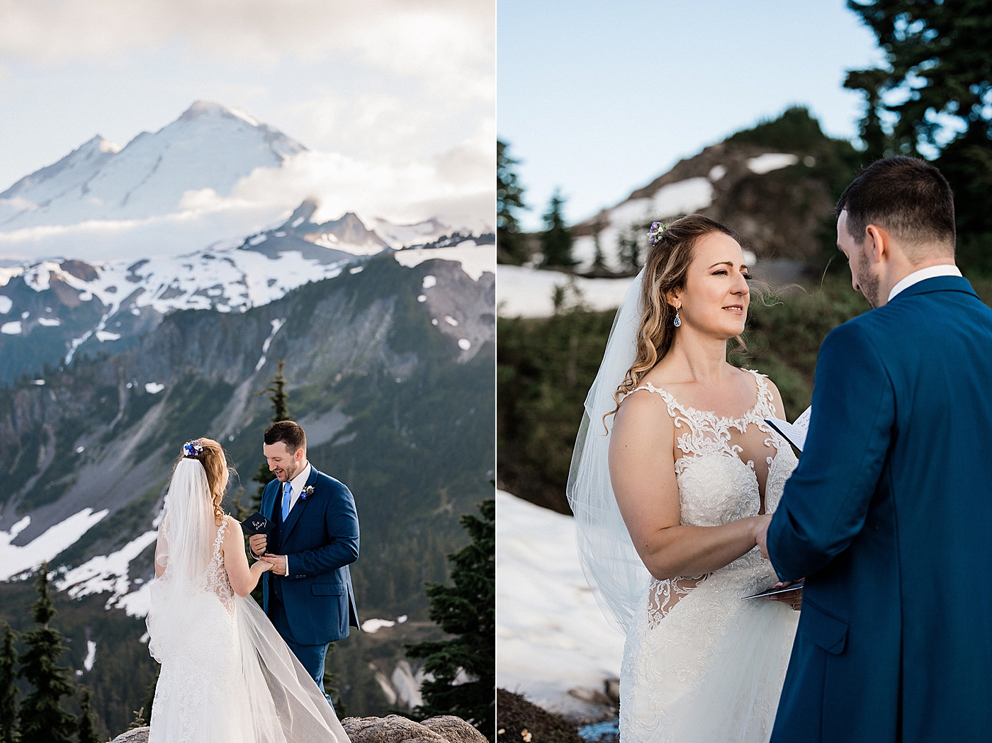 Summer elopement with snow in the background at Artist Point. Photo by Megan Montalvo Photography.