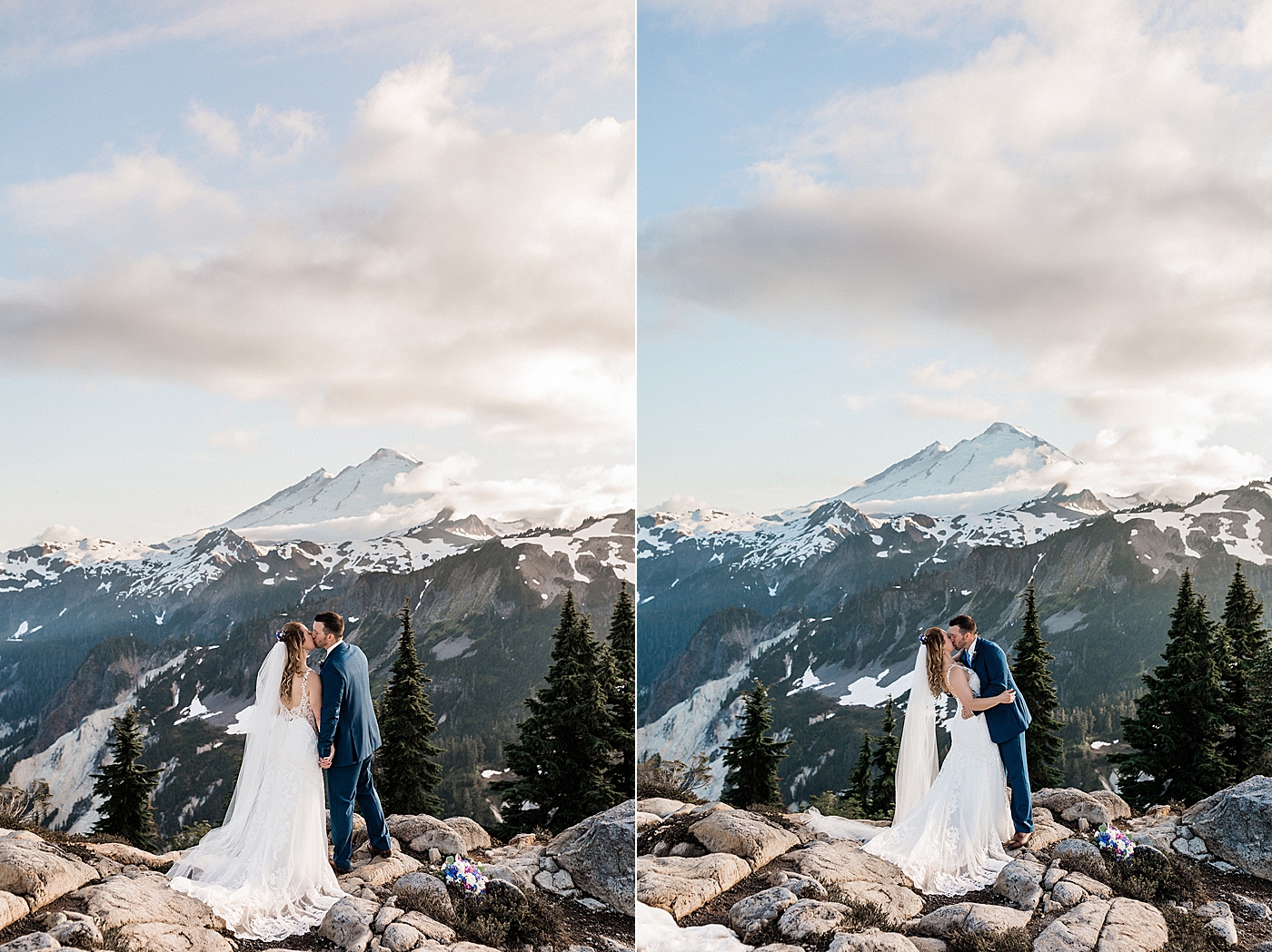 First kiss after elopement at Artist Point. Photos by Megan Montalvo Photography.