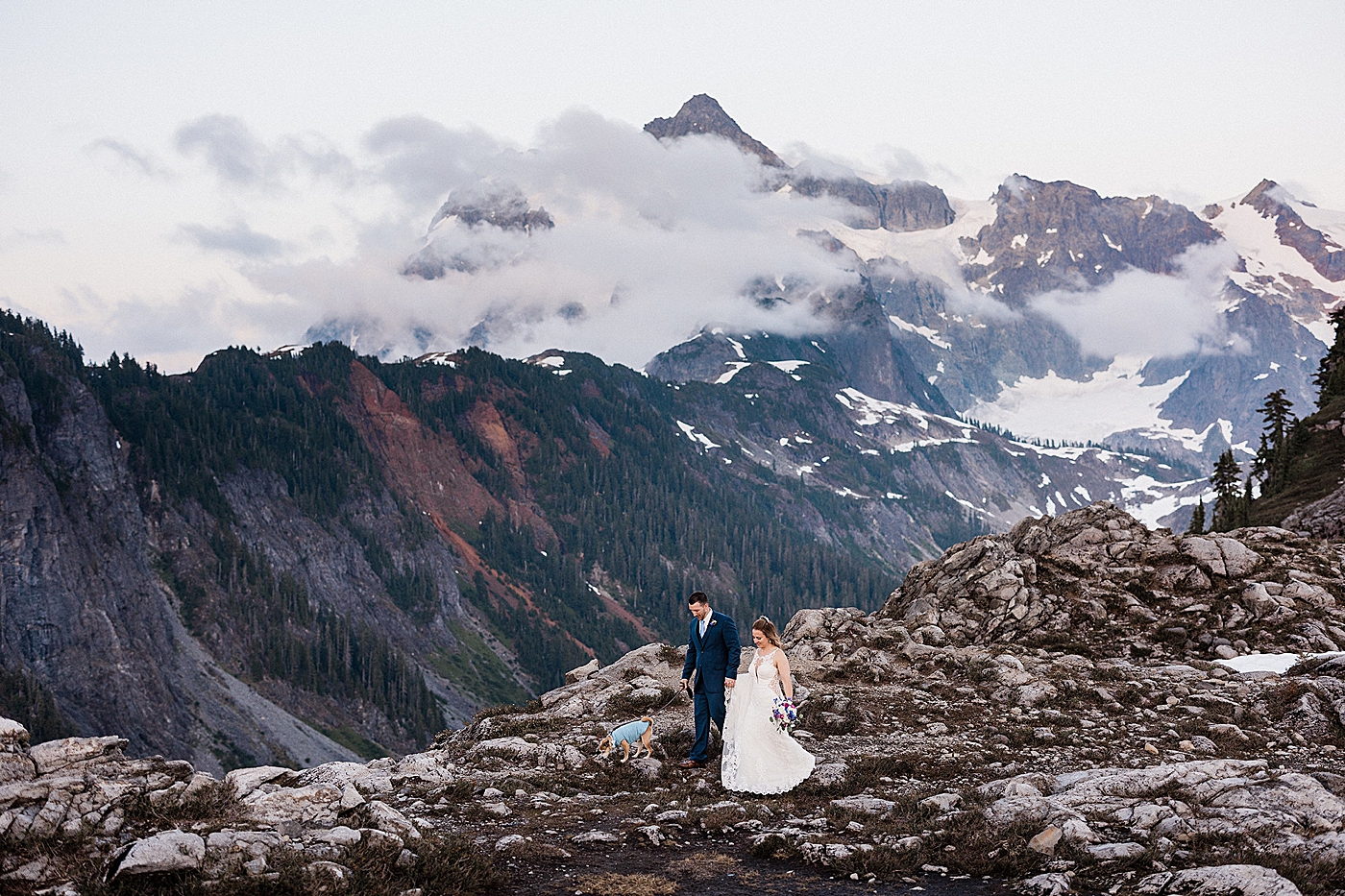 Summer elopement in the North Cascades at Artist Point with dog. Photo by Megan Montalvo Photography.