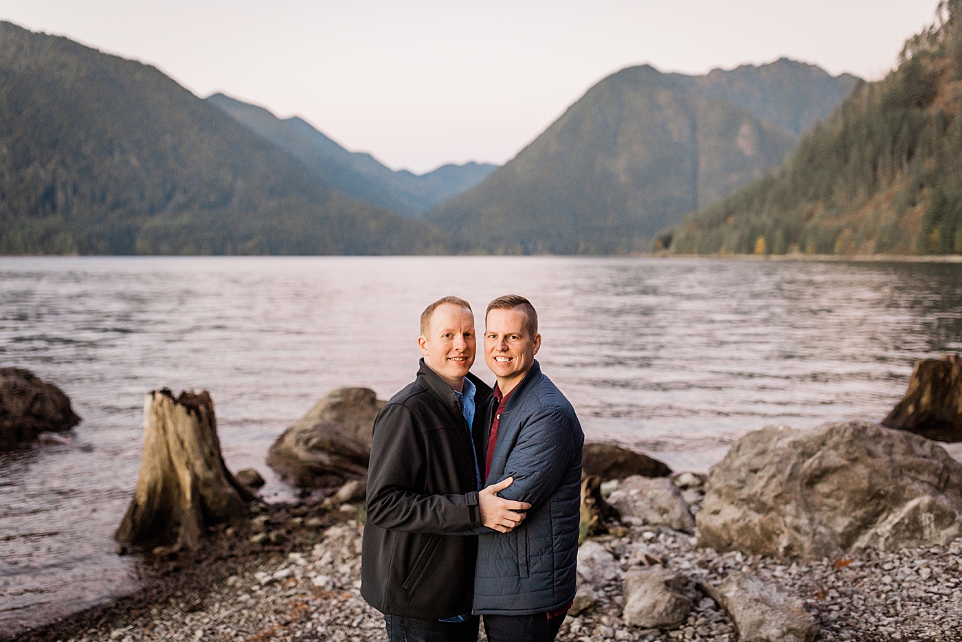 Same-sex engagement session at Lake Cushman. Photo by Megan Montalvo Photography.