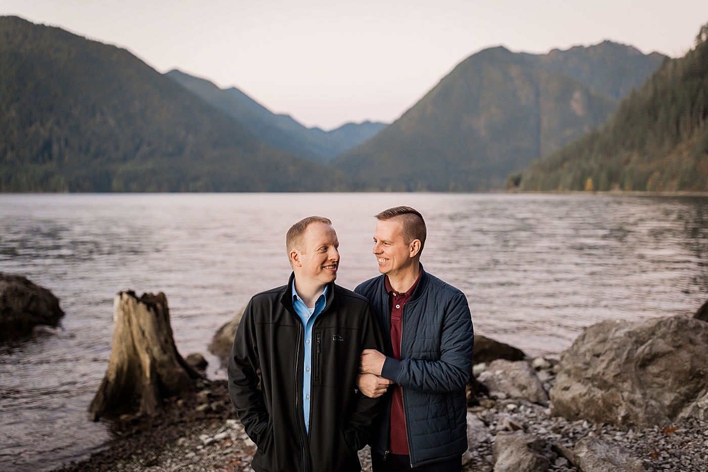 Same-sex engagement session at Lake Cushman. Photo by Megan Montalvo Photography.