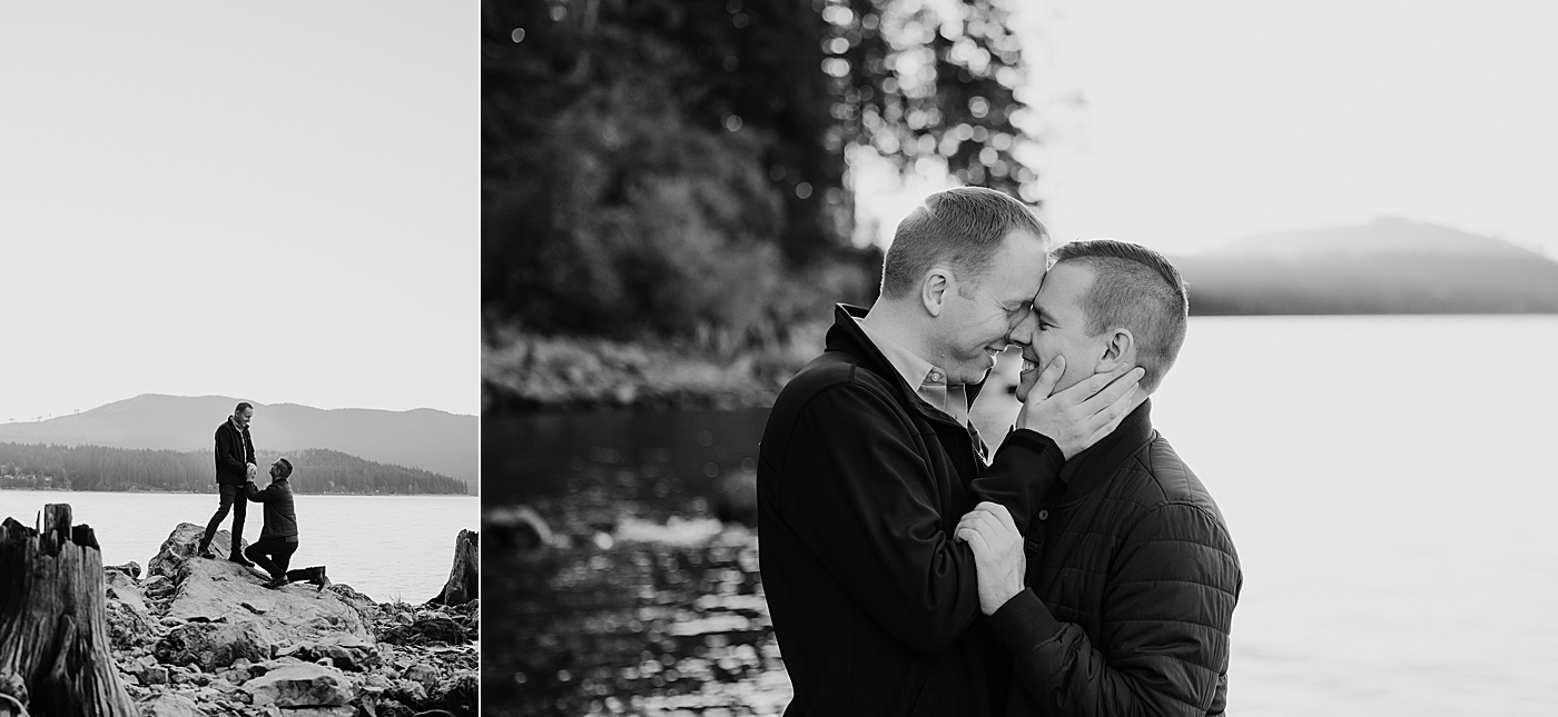 Black and white engagement photos of same-sex couple. Photo by Megan Montalvo Photography.