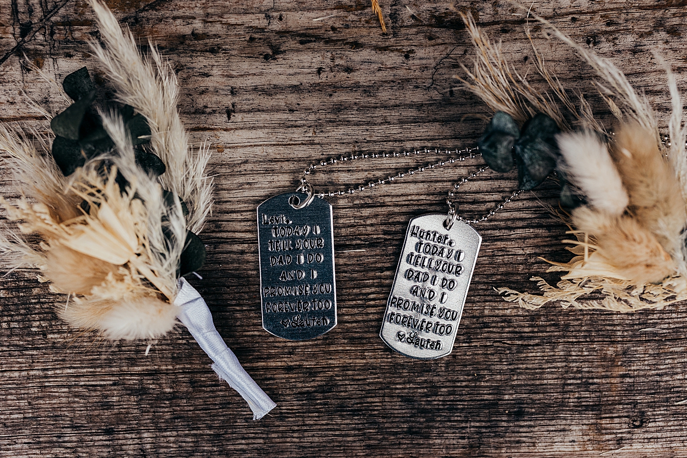 Dried flowers and dog tags for intimate military elopement | Photo by Megan Montalvo Photography.