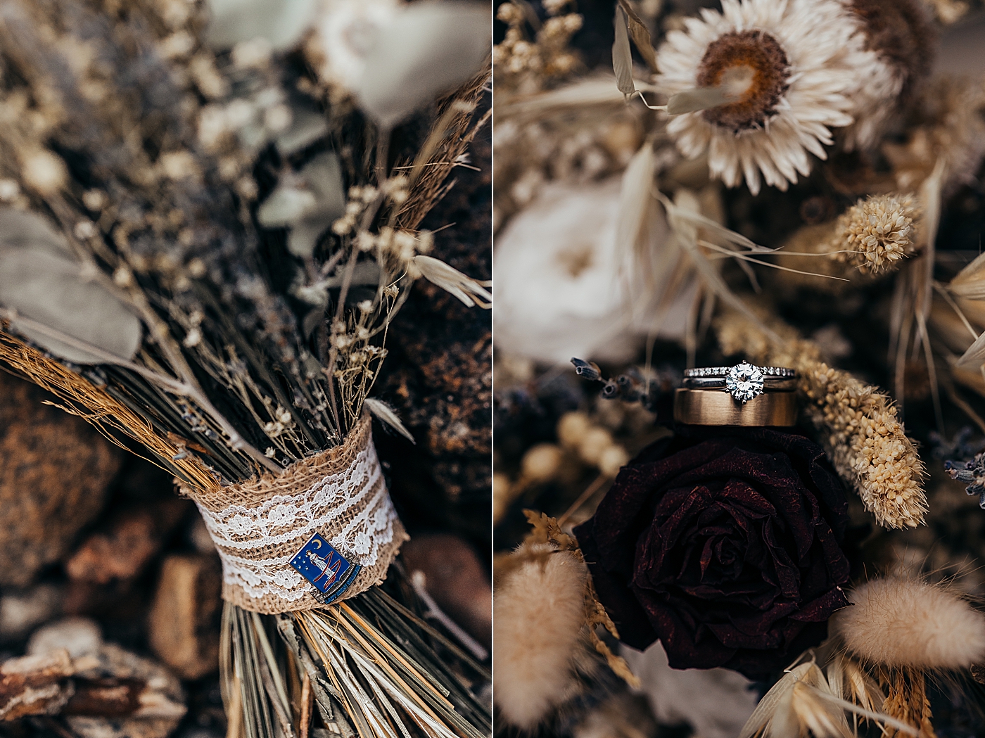 Wedding bouquet with dried flowers and ring details | Photo by Megan Montalvo Photography.