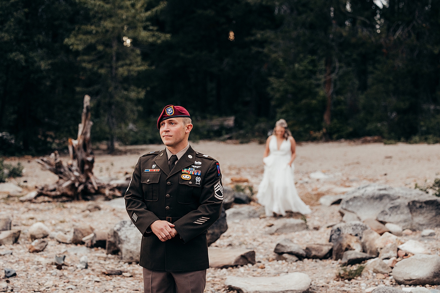 First look during intimate military elopement at Lake Wenatchee. Photo by Megan Montalvo Photography.