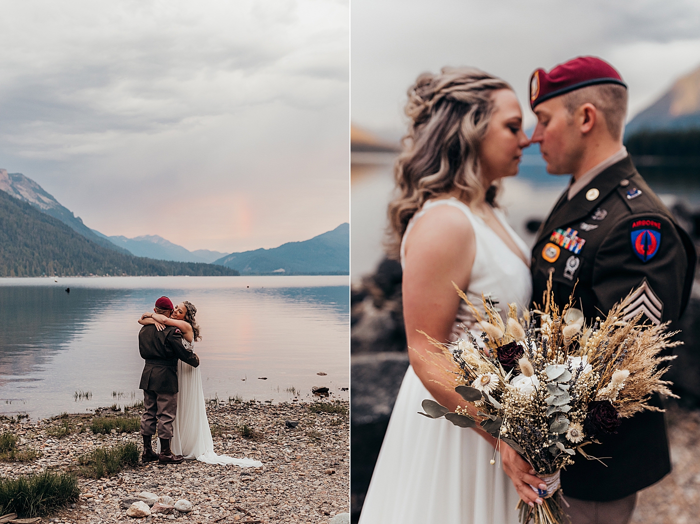 First look during intimate military elopement at Lake Wenatchee. Photo by Megan Montalvo Photography.